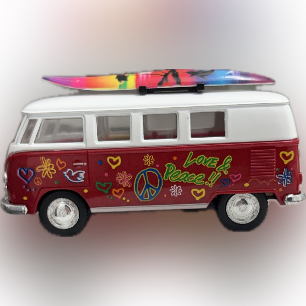 Colorful Volkswagen Peace Van with Surfboard